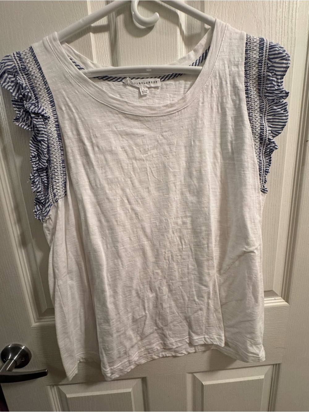 Jane and Delancey White Tank Top with Blue Striped Ruffle Sleeves